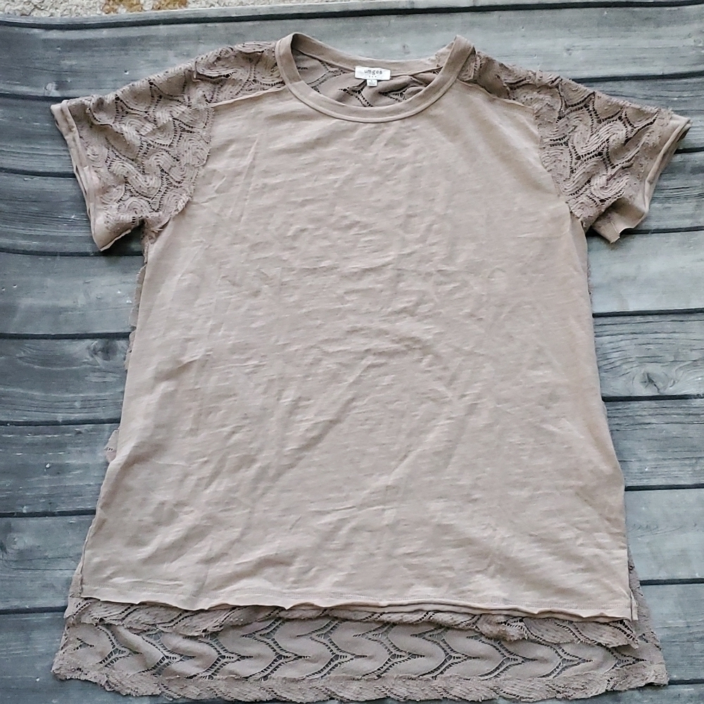 Umgee Crocheted Lace Distressed Shirt Sz Large - Picture 1 of 7
